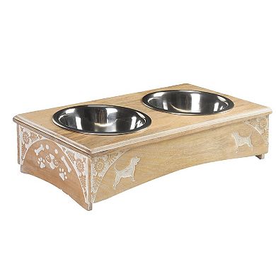 21" Brown Floral and Dog Engraved Handmade Mango Wood Double Pet Feeder