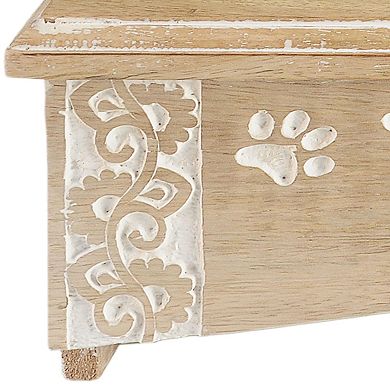 19" Brown Floral and Paw Engraved Handmade Mango Wood Double Pet Feeder