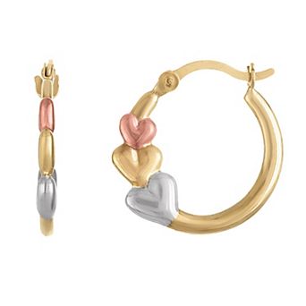 Tri-Tone 14k Gold Plated Triple Heart Hoop Earrings