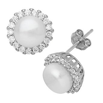 Sterling Silver Freshwater Cultured Pearl & Cubic Zirconia Stud Earrings