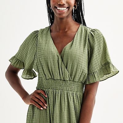 faux wrap dress short sleeve Candace Flutter Sleeve Faux-Wrap Midi Dress Royal Blue / L
