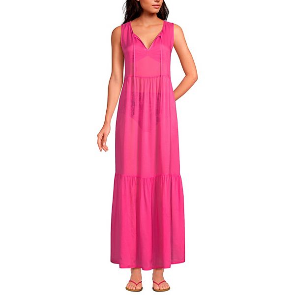 Women's Lands' End Sheer Tiered Maxi Swim CoverUp Dress