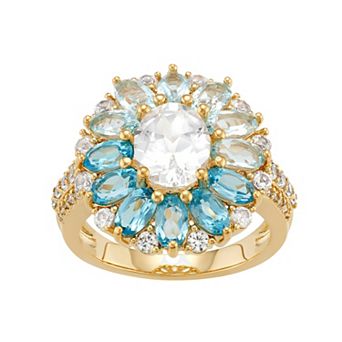 18K Yellow Gold Plated Blue Topaz and Created White Sapphire Cocktail Ring
