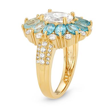 18K Yellow Gold Plated Blue Topaz and Created White Sapphire Cocktail Ring