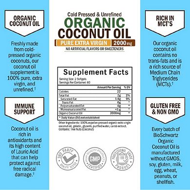 Coconut Oil Capsules 2000mg - Organic Pure Extra Virgin Cold Pressed Mct & Non-gmo 120 Capsules