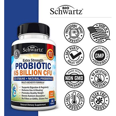 Probiotic 65 Billion With Prebiotic - Digestive Health Capsules - 30ct