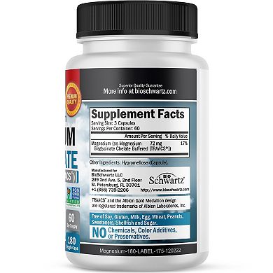 Bioschwartz Magnesium Bisglycinate Capsules for Optimal Health, Promotes Energy, 180ct