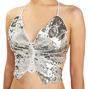 Sequin Butterfly Crop Top For Women (silver, One Size)