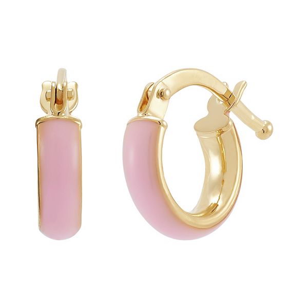 14k Yellow Gold Baby Pink Enamel Hoop Earrings