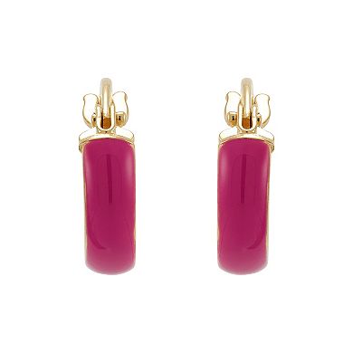 14k Yellow Gold Dark Pink Enamel Hoop Earrings