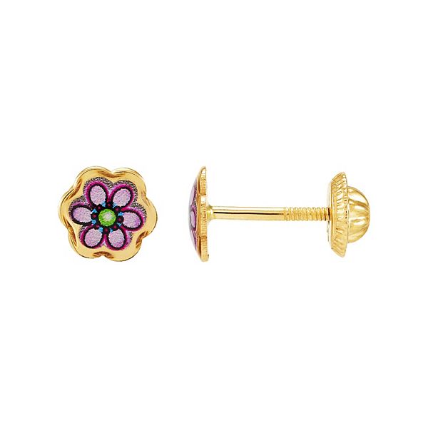 14k Yellow Gold Purple Enamel Flower Earrings