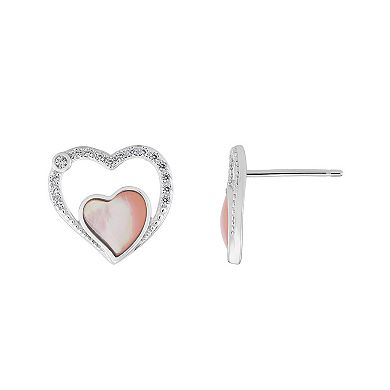 Sterling Silver Mother-of-Pearl & Cubic Zirconia Heart Pendant Necklace & Stud Earrings Set