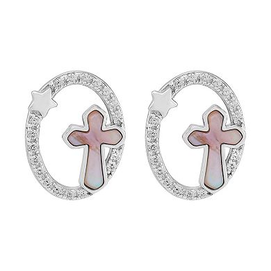Sterling Silver Cubic Zirconia & Mother of Pearl Cross Pendant Necklace & Stud Earrings Set