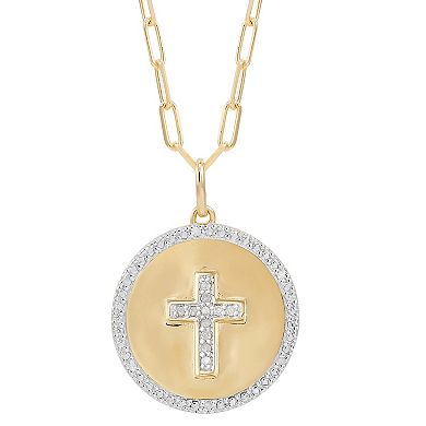 14k Gold Over Sterling Silver 1/10 Carat T.W. Diamond Cross Disc Pendant Necklace