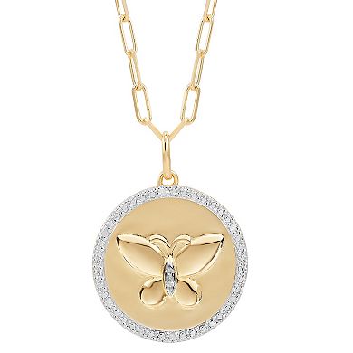 14k Gold Over Sterling 1/10 Carat T.W. Diamond Butterfly Disc Pendant Necklace