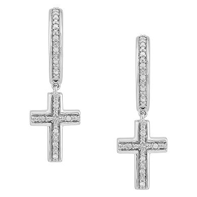 Sterling Silver 1/10 Carat T.W. Diamond Cross Drop Hoop Earrings