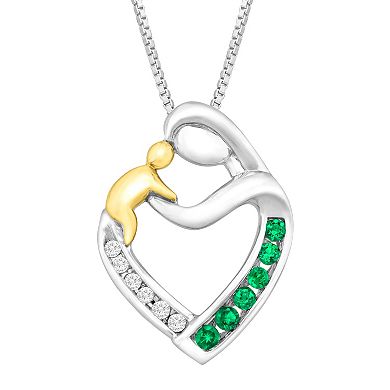 Sterling Silver and 14k Yellow Gold Created Emerald and Diamond Accent Mother & Baby Pendant Necklace