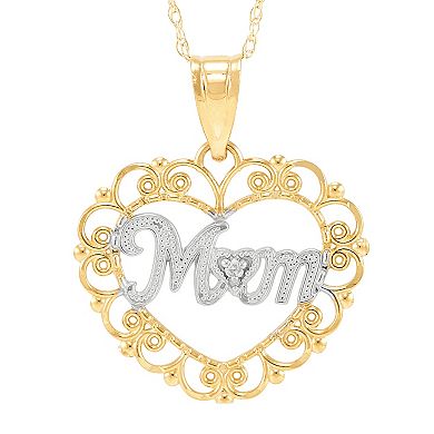  Two-Tone 10k Gold Diamond Accent Filigree Heart "Mom" Pendant Necklace
