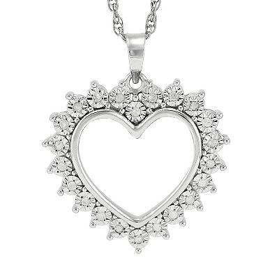 Sterling Silver 1/10 Carat T.W. Diamond Border Rope Chain Heart Pendant Necklace