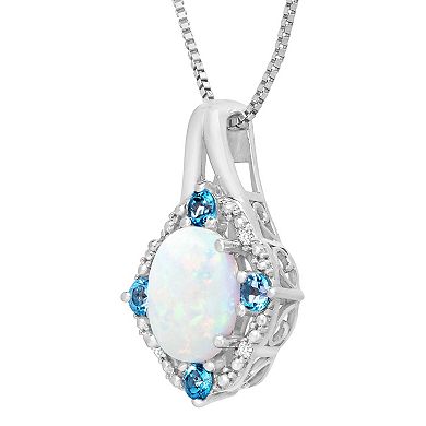 Sterling Silver Lab-Created Opal, Swiss Blue Topaz, & Diamond Accent Pendant Necklace