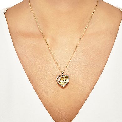 Tri-Tone Sterling Silver Crystal Rose "Mom is the Heart of Our Family" Pendant Necklace