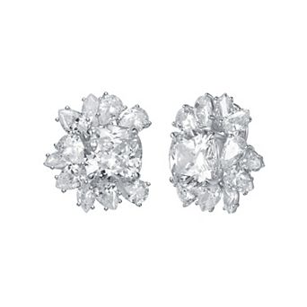 Silver Tone Cubic Zirconia Flower Cluster Stud Earrings