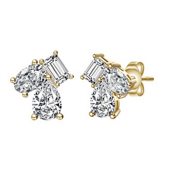 Cubic Zirconia Three-Stone Cluster Stud Earrings