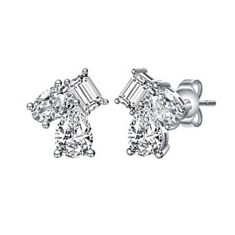 Cubic Zirconia Three-Stone Cluster Stud Earrings