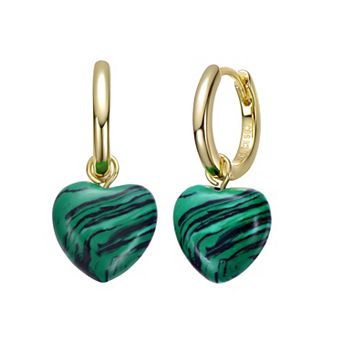 Gold Tone Simulated Malachite Puffed Heart Dangle Earrings