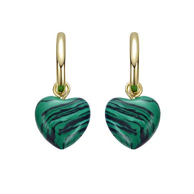 Gold Tone Simulated Malachite Puffed Heart Dangle Earrings