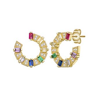 Gold Tone Rainbow & White Cubic Zirconia Front-Facing C-Hoop Earrings