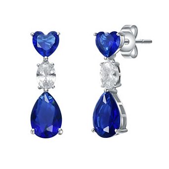 Sterling Silver Blue & White Cubic Zirconia Three-Stone Linear Dangle Earrings