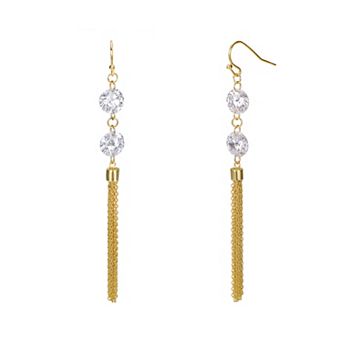 Gold Tone Cubic Zirconia Chain Fringe Dangle Earrings
