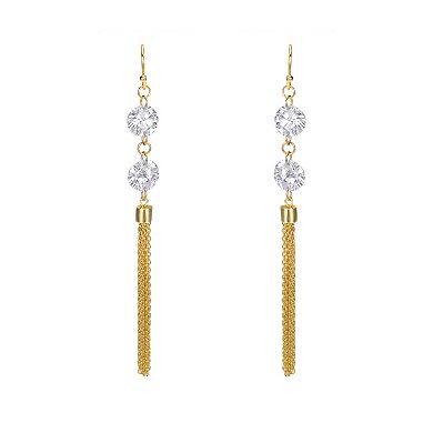 Gold Tone Cubic Zirconia Chain Fringe Dangle Earrings