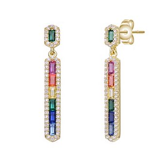 Gold Tone Rainbow & White Cubic Zirconia Linear Dangle Earrings