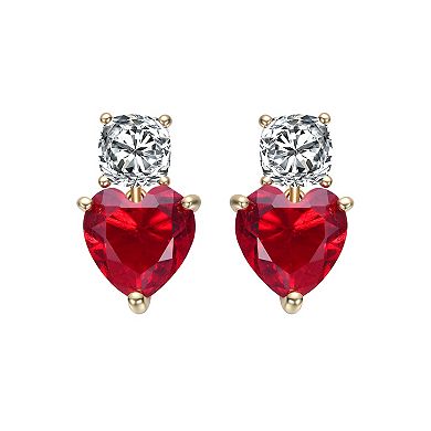 Gold Tone Cubic Zirconia Two-Stone Heart Earrings