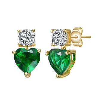 Gold Tone Cubic Zirconia Two-Stone Heart Earrings