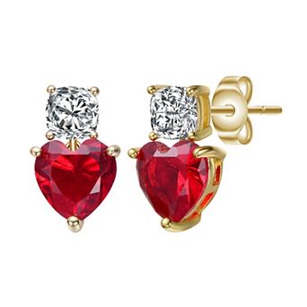 Gold Tone Cubic Zirconia Two-Stone Heart Earrings