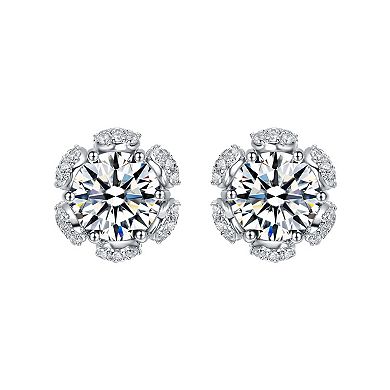 Sterling Silver Cubic Zirconia Flower Halo Stud Earrings