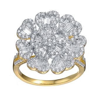 14k Gold Over Silver Cubic Zirconia & Diamond Accent Cluster Heart Petal Flower Ring