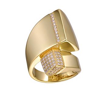 14k Gold Over Silver Cubic Zirconia & Diamond Accent Modern Open Cuff Scroll Ring