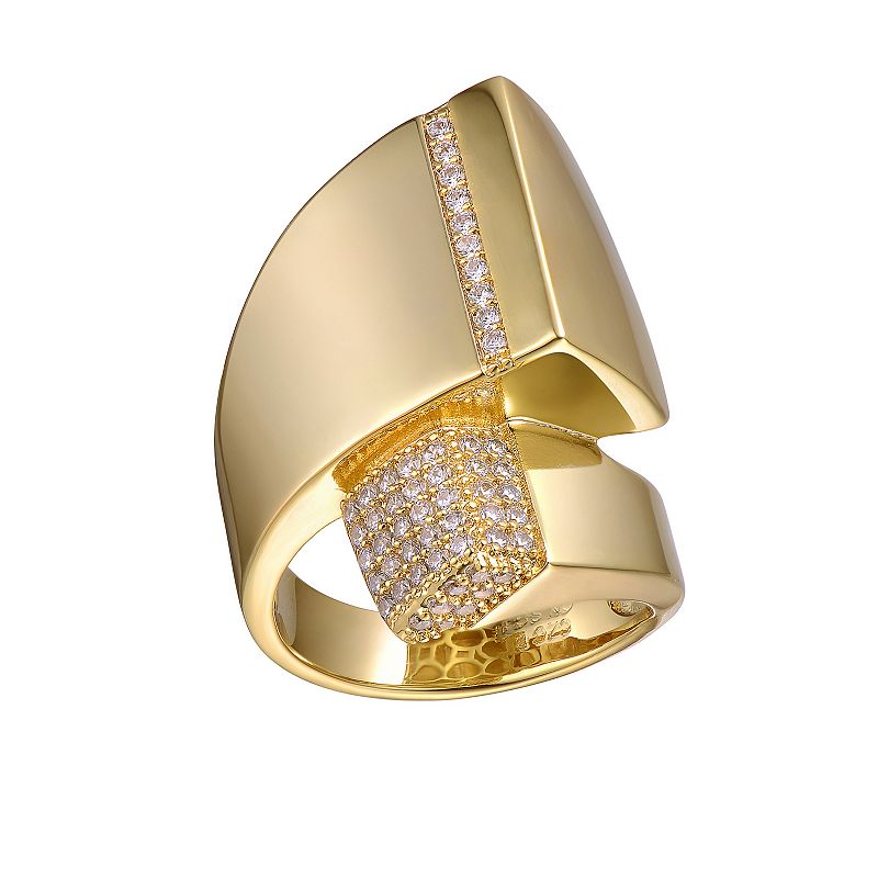14k Gold Over Silver Cubic Zirconia & Diamond Accent Modern Open Cuff Scroll Ring, Women's, Size: 7, Gold Tone