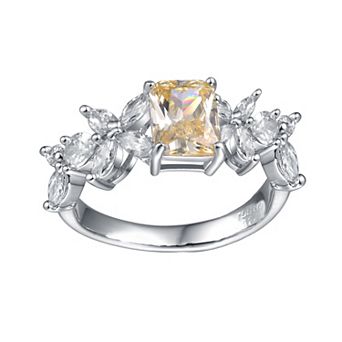 Silver Tone Canary Yellow & White Cubic Zirconia & Diamond Accent Radiant Leaf Trellis Cluster Engagement Ring