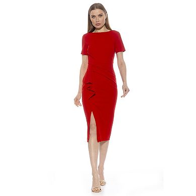 Women's ALEXIA ADMOR Zayd Boatneck Midi Sheath Dress With Front Ruffle