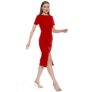 Women's ALEXIA ADMOR Zayd Boatneck Midi Sheath Dress With Front Ruffle