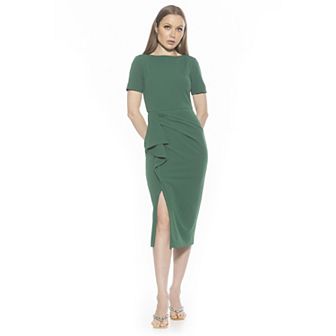 Women's ALEXIA ADMOR Zayd Boatneck Midi Sheath Dress With Front Ruffle