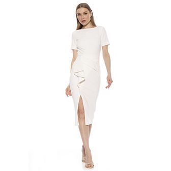 Women's ALEXIA ADMOR Zayd Boatneck Midi Sheath Dress With Front Ruffle