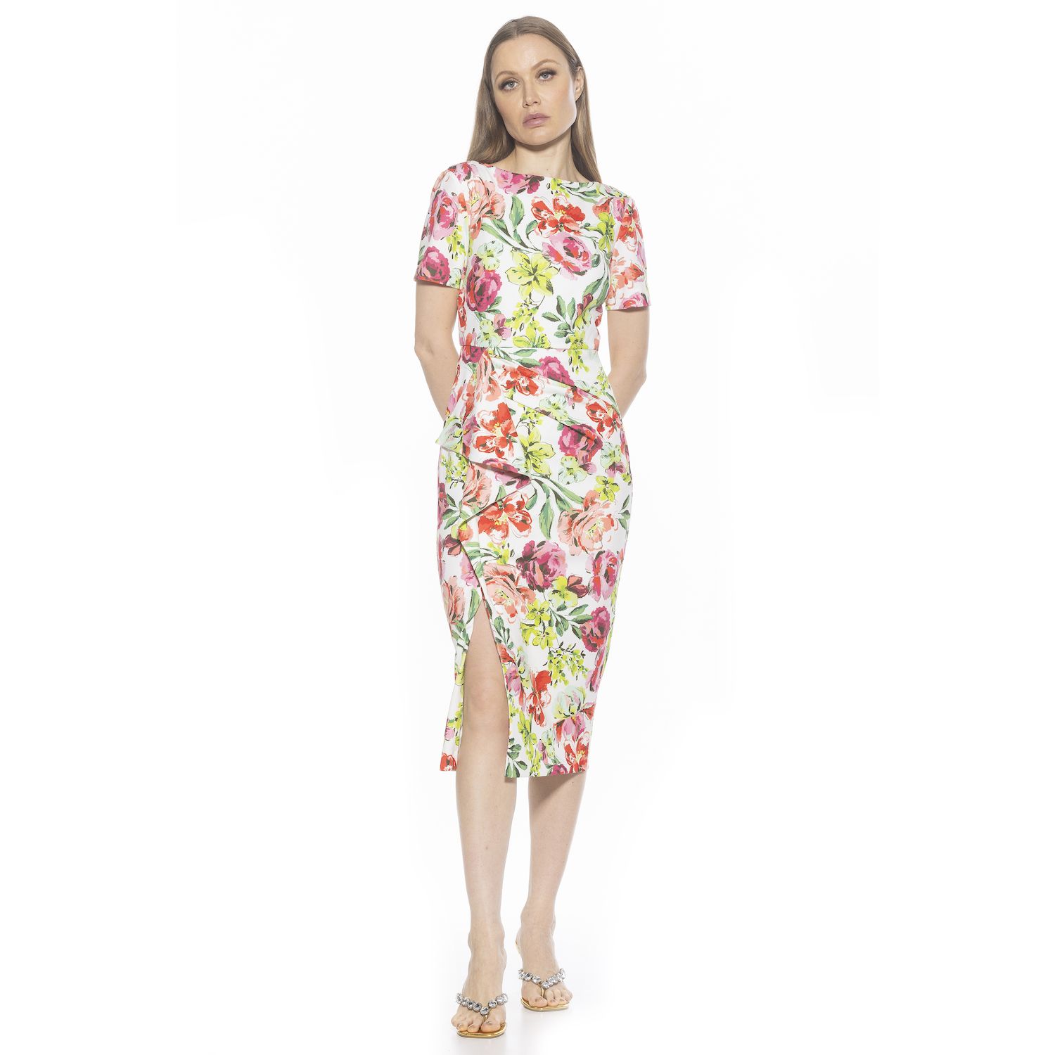 Женские платья ALEXIA ADMOR Zayd Boatneck Midi Sheath Dress With Front Ruffle