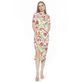 Women's ALEXIA ADMOR Zayd Boatneck Midi Sheath Dress With Front Ruffle