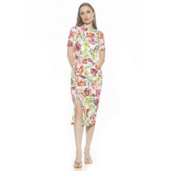 Women's ALEXIA ADMOR Zayd Boatneck Midi Sheath Dress With Front Ruffle